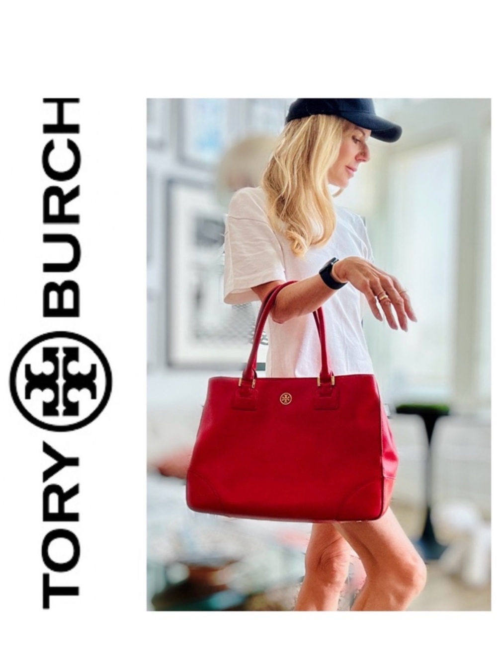 Tory Burch Robinson EW Tote in French Red Saffiano Leather Handbag Authentic